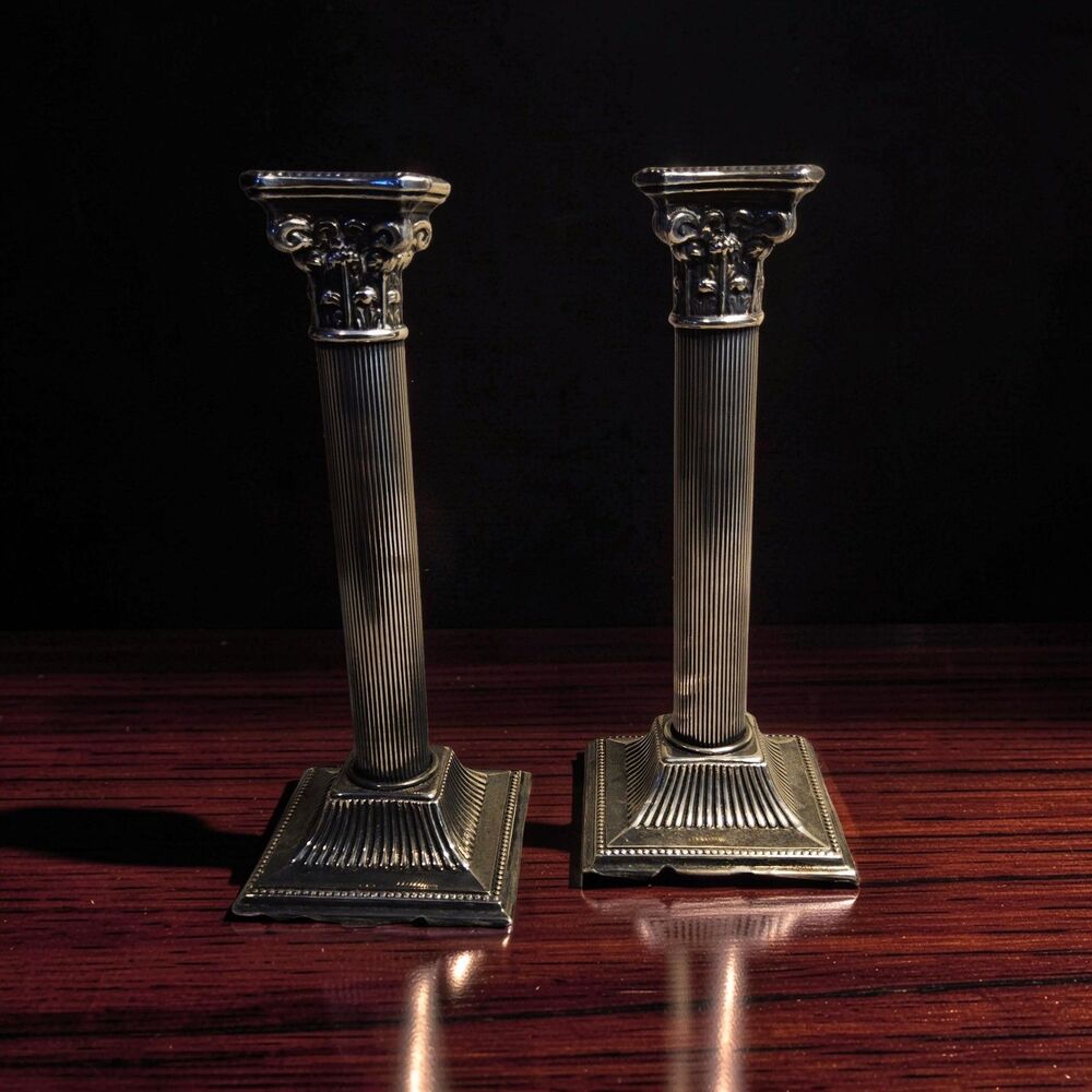 Antique WA ITALY silver plate pair column Candle Holder